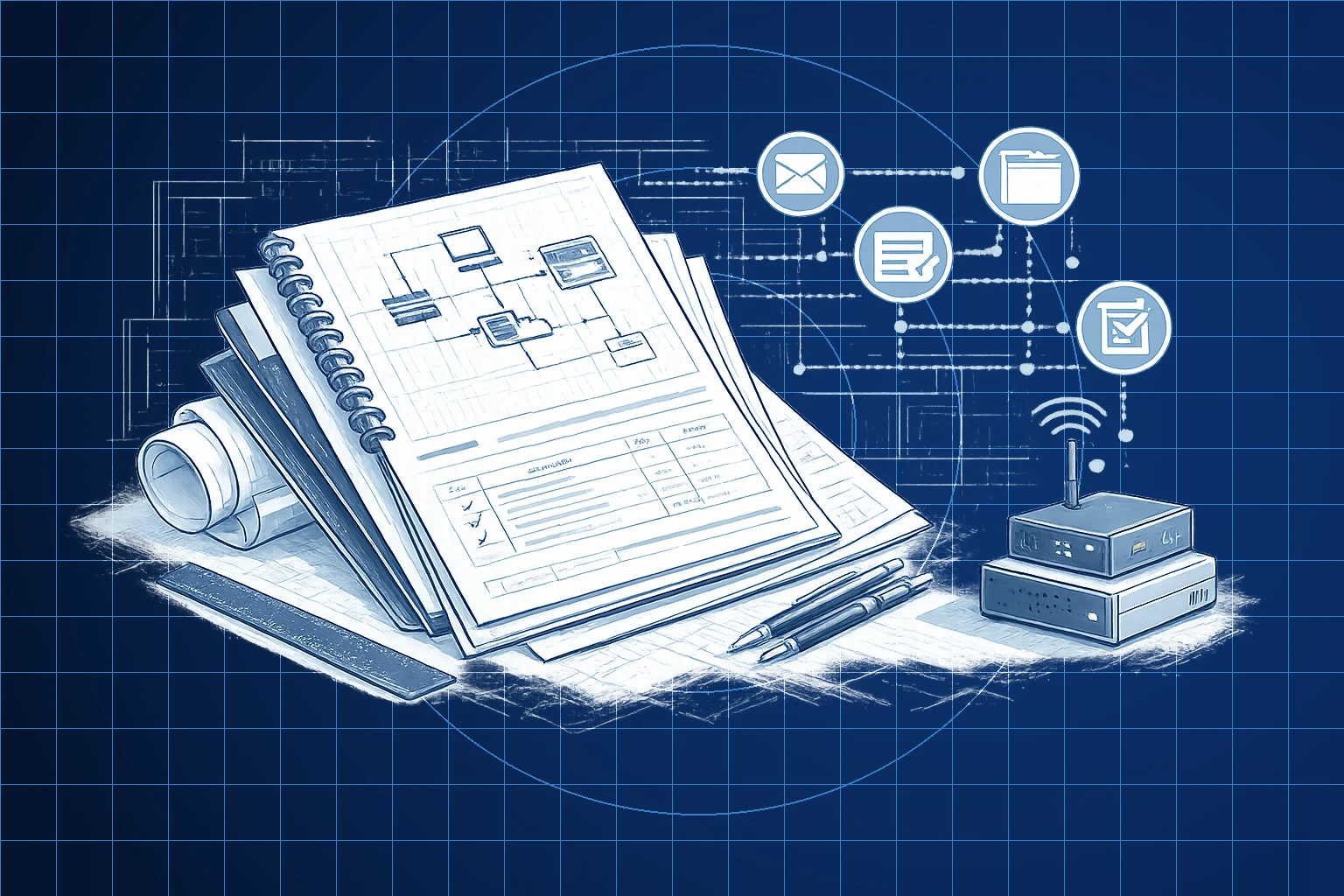 Illustration of technical plans, system diagrams, specification documents, and communications equipment