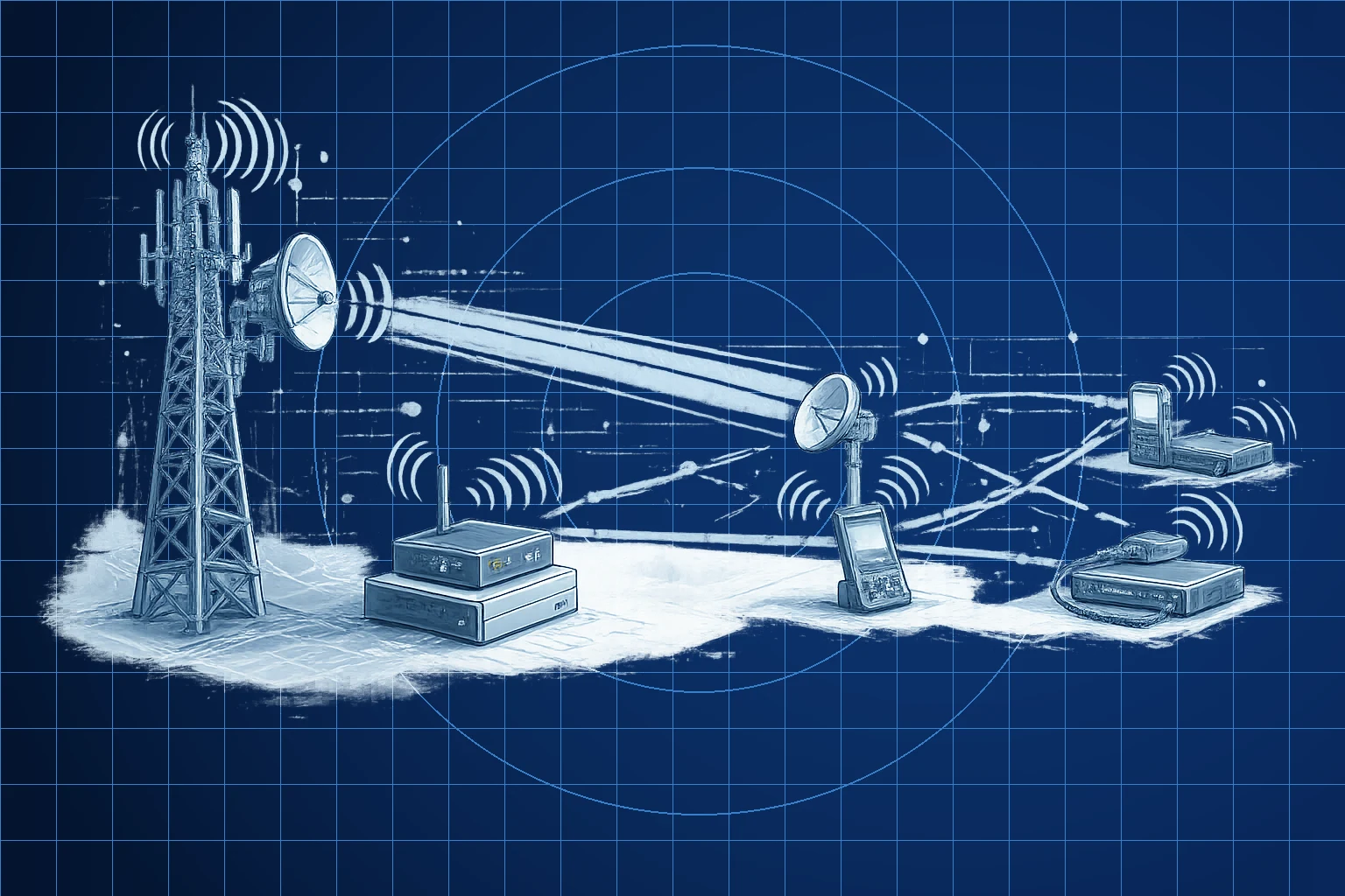 Illustration of a communications tower, microwave links, radio devices, and network equipment