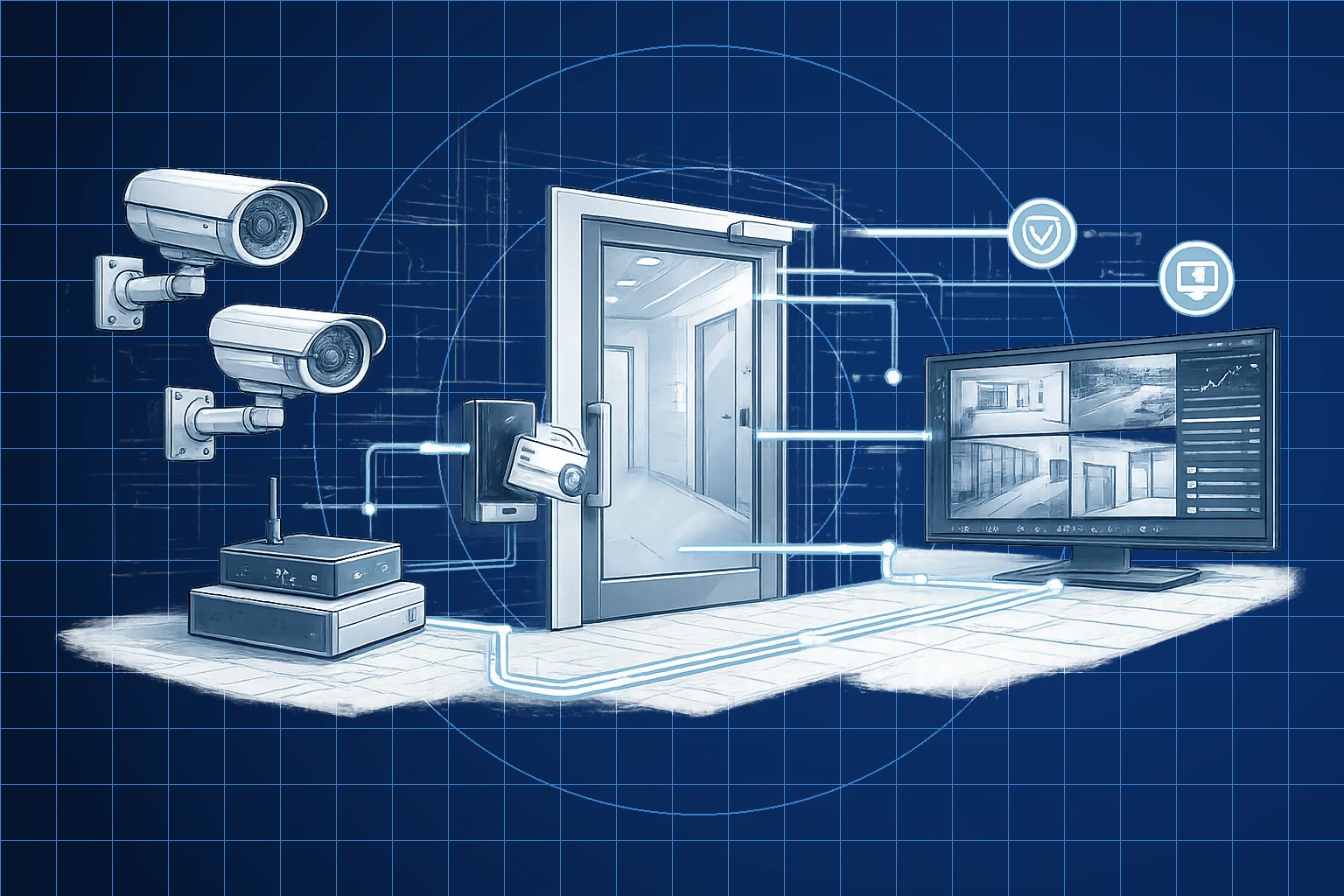 Illustration of surveillance cameras, access control, network equipment, and security monitoring