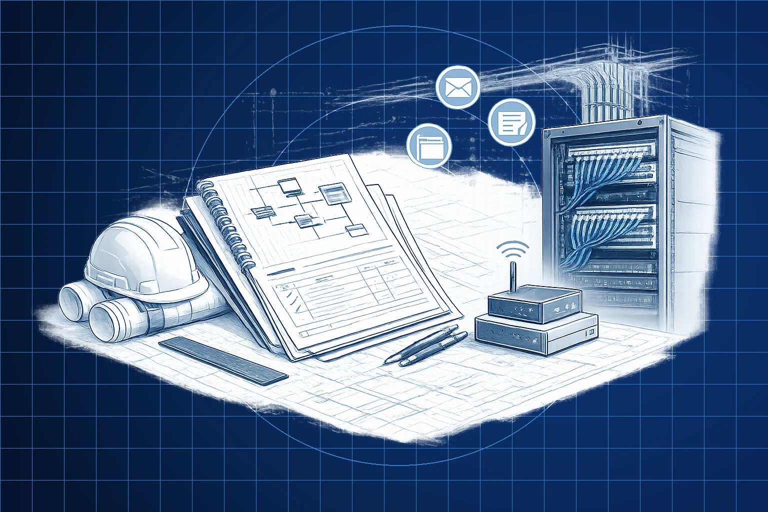 Illustration of construction plans, a hard hat, structured cabling, network racks, and communications equipment
