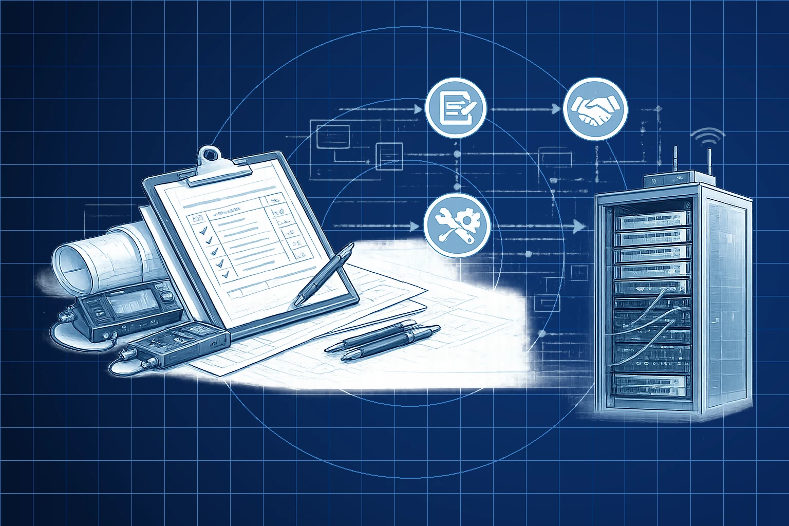 Illustration of technical testing equipment, an acceptance checklist, and communications infrastructure